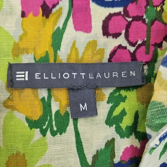 Elliott Lauren colorful floral linen blend pullover office career top M - Picture 4 of 9